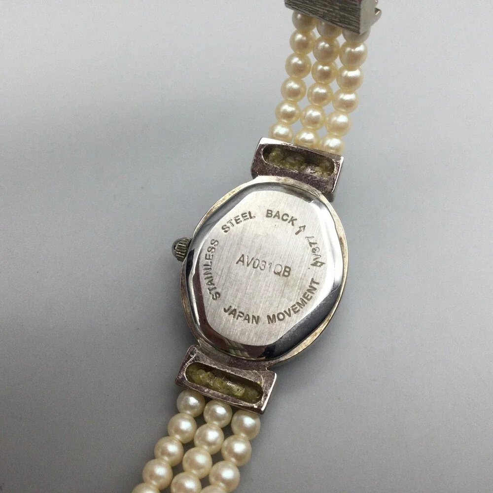 Avon Womens Watch 18mm Cream Oval Dial Faux Pearl Bracelet New Battery